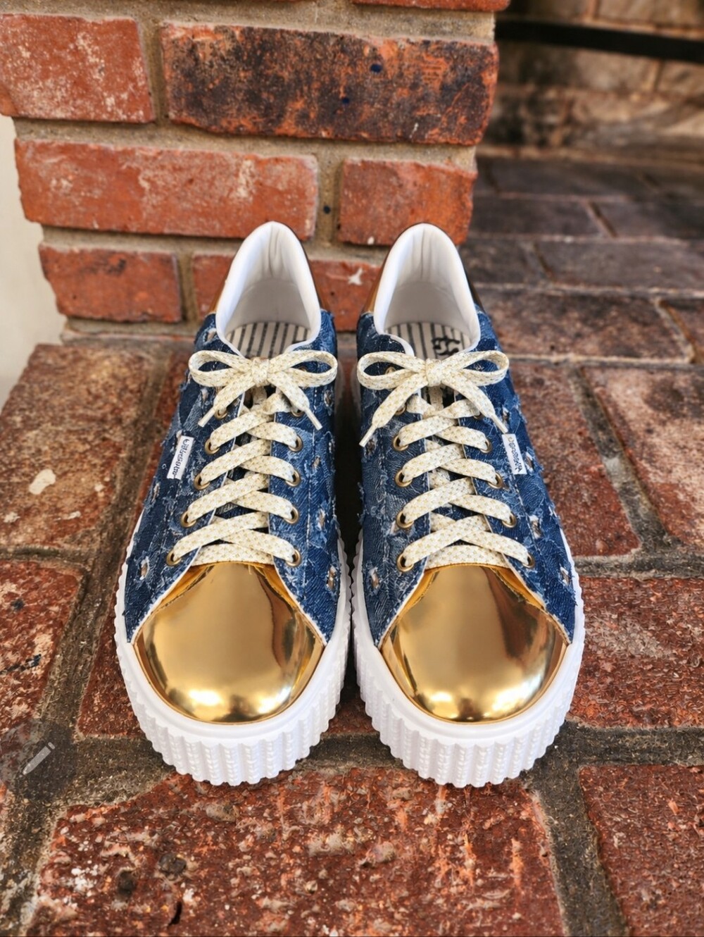 Y2K Indie Sleaze Distressed Denim Sneakers Gold Metallic Cap Toe